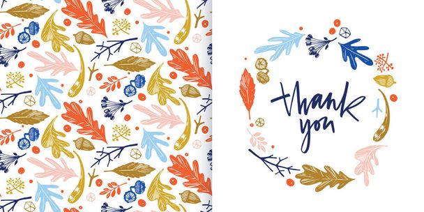 Autumn foliage seamless pattern and thank you card - Vector, Image