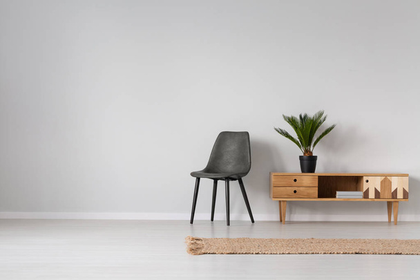 Natural linen rug on the floor of spacious bright living room interior with black leather chair and wooden cabinet with plant in black pot, real photo with copy space on empty grey wall - Zdjęcie, obraz
