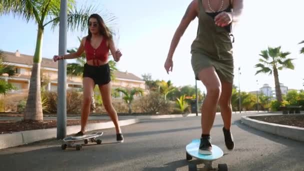 Junge spanische Mädchen fahren in Zeitlupe im Sonnenuntergang auf einer Insel in der Nähe von Palmen auf asphaltierten Wegen des Parks Skateboards. Glück und gesunder Lebensstil. - Filmmaterial, Video