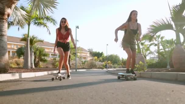 Jóvenes españolas montan monopatines en una isla cerca de palmeras en senderos de asfalto del Parque en cámara lenta en los rayos del atardecer. Felicidad y estilo de vida saludable
. - Imágenes, Vídeo