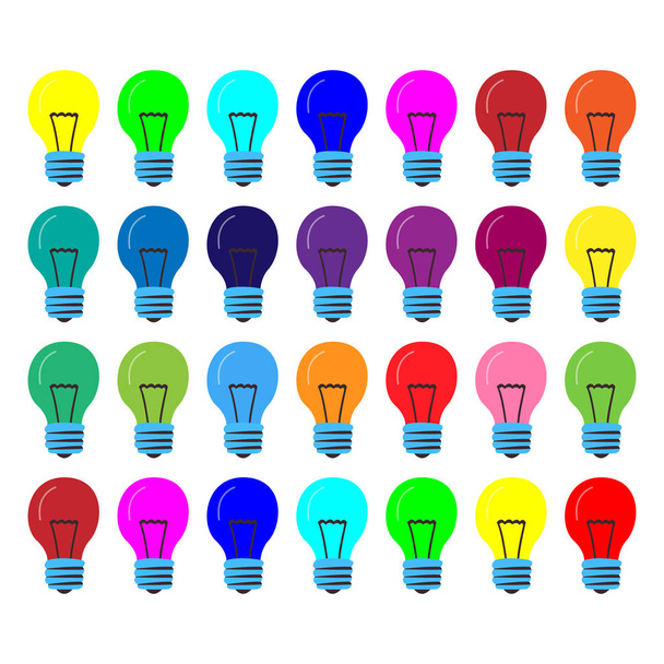 Many lamps of the same size in different colors. Cartoon vector. Concept of successful creative ideas. - Vetor, Imagem