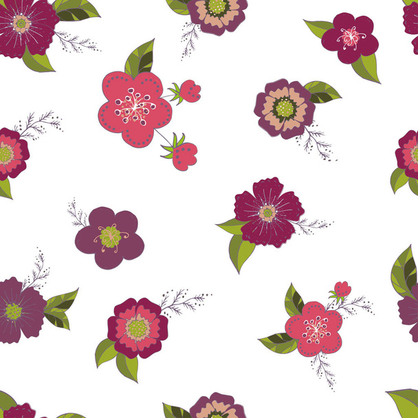 Seamless pattern with pink and purple flowers romantic elements. Endless color floral texture for design - ベクター画像