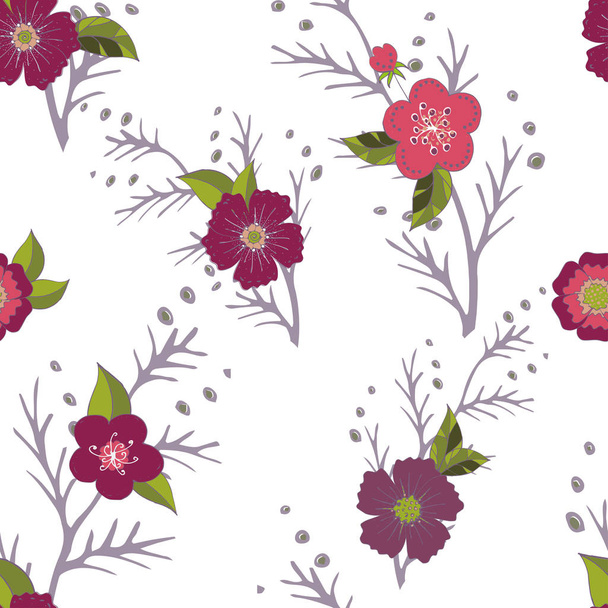 Seamless pattern with pink and purple flowers romantic elements. Endless color floral texture for design - Vector, afbeelding