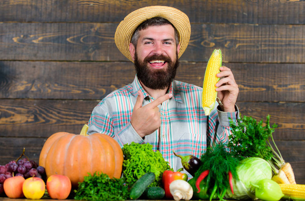 Grow organic crops. Man cheerful bearded farmer hold corncob or maize wooden background. Farmer straw hat presenting fresh vegetables. Farmer with homegrown harvest. Farmer rustic villager appearance - Фото, зображення