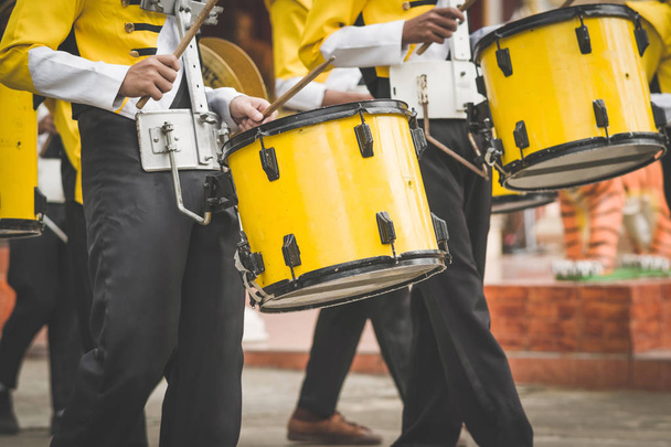 Marching band drummers perform in school parade - Photo, Image