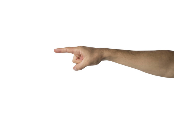La mano masculina señala el dedo sobre un fondo blanco. Tiro lateral
. - Foto, Imagen