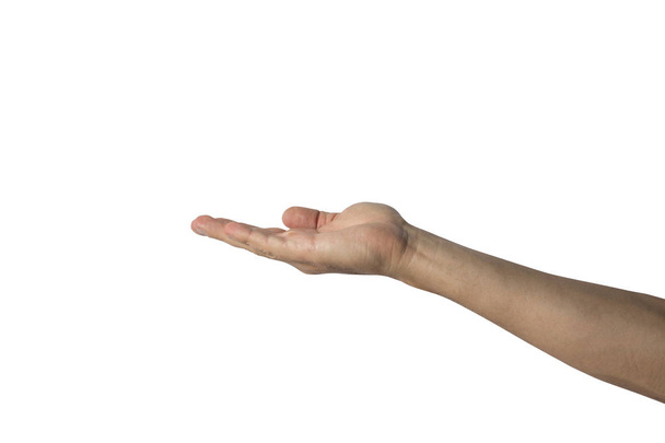 Male hand palm up on a white background. Side shot. - Zdjęcie, obraz