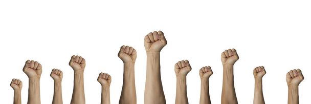 Руки подняты и сжаты в кулак на белом изолированном месте. Концепция единства, революции, возрождения, восстания
. - Фото, изображение