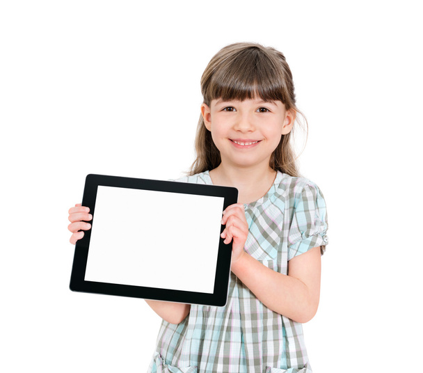 Happy little girl holding a blank tablet - Foto, Bild