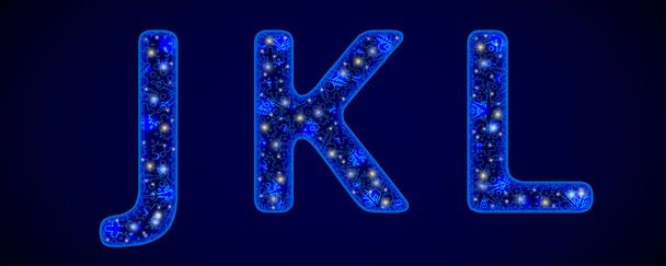 Snowy Font. Blue glowing letters on a dark-blue background. For festive inscriptions. - ベクター画像