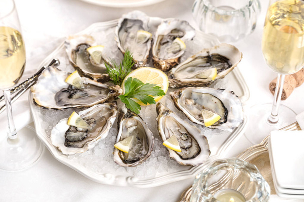 beautiful appetizer oysters two glasses wine champagne - Photo, Image