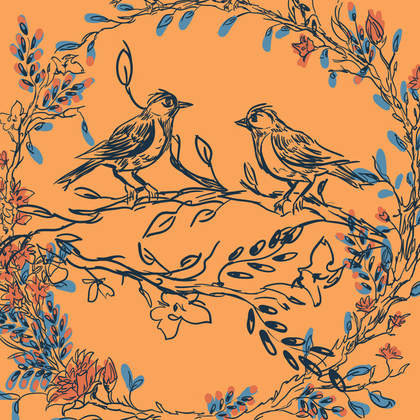 Vintage ευχετήρια κάρτα με ανθισμένα λουλούδια και πουλιά. Σας ευχαριστούμε με θέση για το κείμενό σας. Αγριολούλουδα, εικονογράφηση διάνυσμα - Διάνυσμα, εικόνα