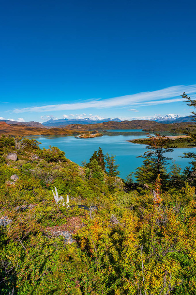 Torres del Paine Millî Parkı ve lagoon buzdağları, Patagonia, Şili, güneşli gün, mavi gökyüzü görünümü - Fotoğraf, Görsel