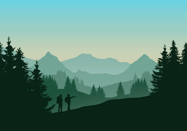Vector illustration of a green landscape with coniferous forest with trees and two tourists, man and woman with backpacks. Hills and mountains with green blue sky with sunrise - vector - Vector, Image