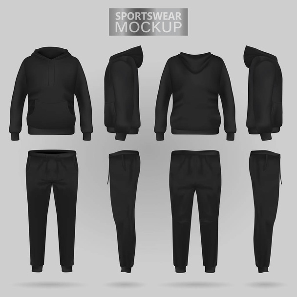 Mockup of the Black sportswear hoodie and trousers in four dimensions - Vector, Imagen