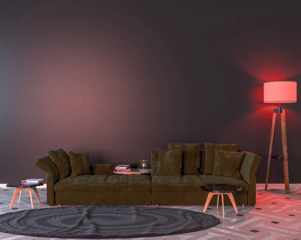 Intérieur la nuit avec deux lampes, un canapé, une table, un tapis et un mur vide. La lumière est rouge. Illustration 3d
 - Photo, image