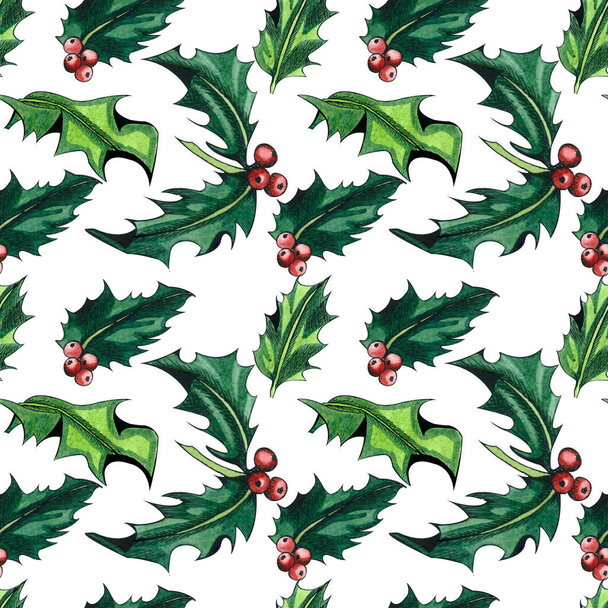 クリスマスのシンボル - ヒイラギの葉と白い背景の赤い打ち破ったシームレス パターン。ヒイラギの木の水彩のシームレス パターン. - 写真・画像
