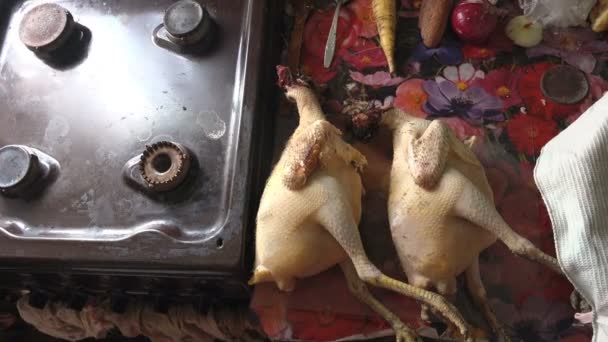 Due pollo pizzicato pronto da cuocere in forno su una stufa a gas
 - Filmati, video