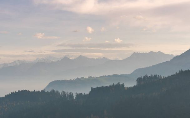rollende bergruggen in een licht wazige hemel met kleur bos in de voorgrond vallen en kunnen met sneeuw bedekte bergen achter - Foto, afbeelding