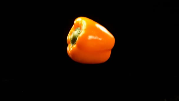 Close-up of bell pepper falling on water against black background 4k - Filmagem, Vídeo