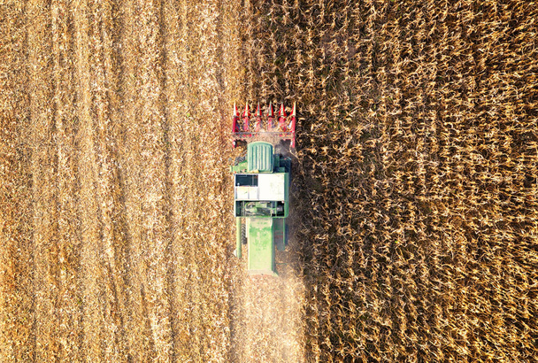 Zbieranie kukurydzy jesienią Aerial Skyline shot - Zdjęcie, obraz
