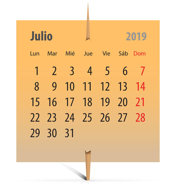 Calendario español de julio de 2019 en una pegatina naranja con palillo. Ilustración vectorial
 - Vector, imagen