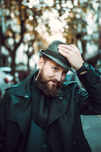 Handsome bearded man with mustache on the street. Movember concept - Fotoğraf, Görsel