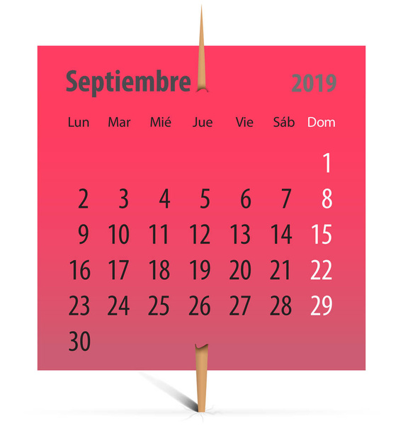 Calendário espanhol para setembro 2019 em um adesivo vermelho anexado com palito de dentes. Ilustração vetorial
 - Vetor, Imagem