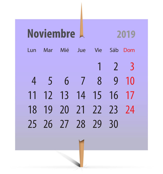Календарь на ноябрь 2019 года на фиолетовой наклейке с зубочисткой. Векторная иллюстрация
 - Вектор,изображение