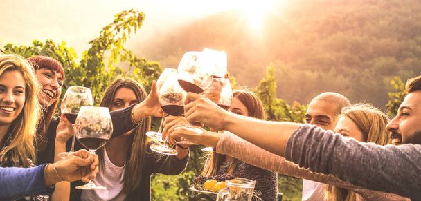 Young friends having fun outdoors - Happy people enjoying harvest time together at farmhouse winery countryside - Youth and friendship concept - Hands toasting red wine glass at vineyard before sunset - Foto, Bild