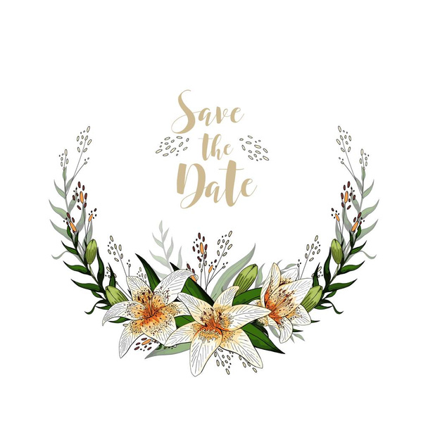 Save the date postcard half wreath with lily flowers and lettering - Vector, Image