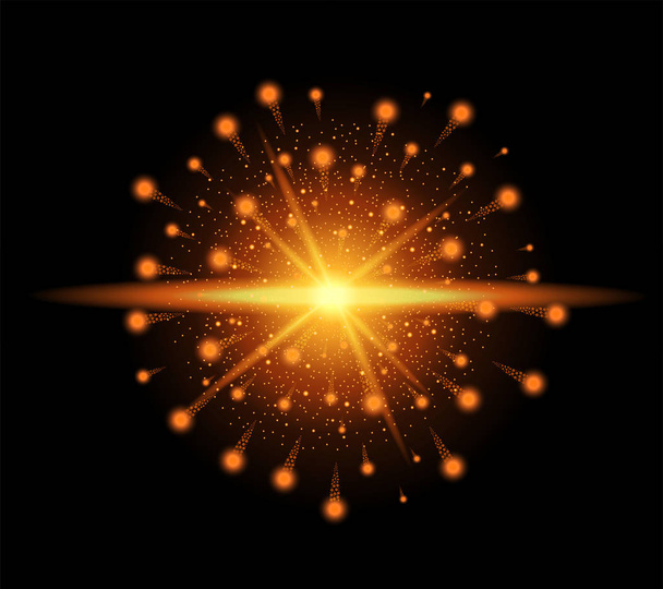 Effetto scintilla dorato realistico isolato sul nero. Fuochi d'artificio, esplosione, galassia, scintille ardenti. Illustrazione vettoriale
 - Vettoriali, immagini