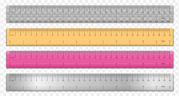 Realistic tape rulers set isolated on transparent background. Plastic, metal and wooden double sided measurement in cm and inches. Vector illustration - ベクター画像