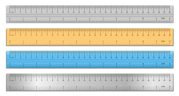 Realistic tape rulers set isolated on white. Plastic, metal and wooden double sided measurement in cm and inches. Vector illustration - Vector, imagen