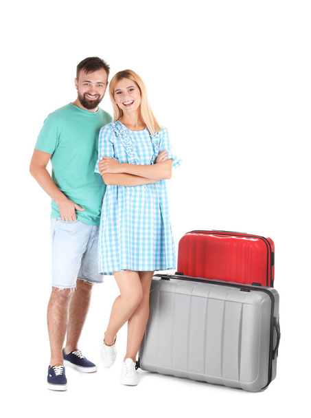 Man with suitcase on white background. Vacation travel - Photo, Image