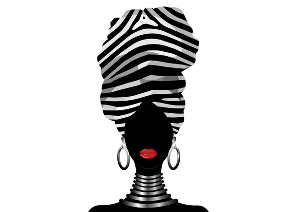 Portret wektorowy Afrykanka kobieta w tradycyjnych paski turban, Kente okłady głowy, dashiki nadruku, czarny afro kobiet wektor sylwetka Afryka batik, etniczny zebra dekoracji tkaniny, fryzura koncepcja logo - Wektor, obraz