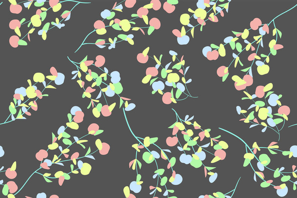 Seamless Summer Pattern in Pastel Color Design. Vector Eucalyptus Leaves. Beautiful Branches and Floral Elements. Tropical Plants. Botanical Background. Summer Pattern for Wedding Design, Print. - ベクター画像