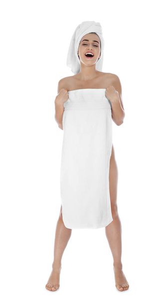 Full length portrait of young pretty woman with towels on white background - Photo, image
