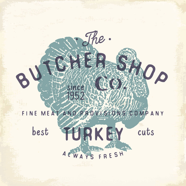 Butcher Shop emblema vintage com produtos à base de carne de peru
 - Vetor, Imagem