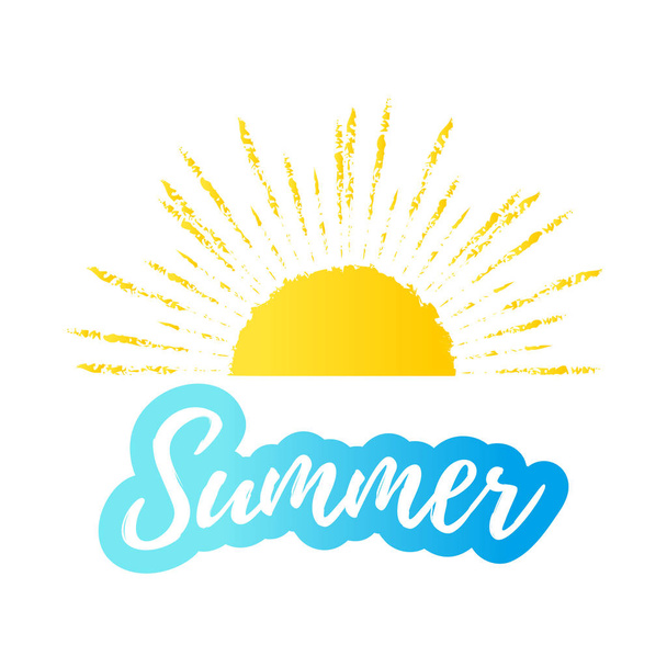 Hello summer text with sun, blue sea. Vector exotic beach icon, label, graphic - Вектор,изображение