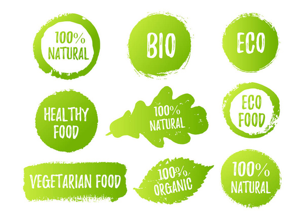 Vektor natürliche, biologische Lebensmittel, Bio, Öko-Etiketten und Formen auf weißem Hintergrund. Handgezeichnete Flecken, Blätter gesetzt. - Vektor, Bild