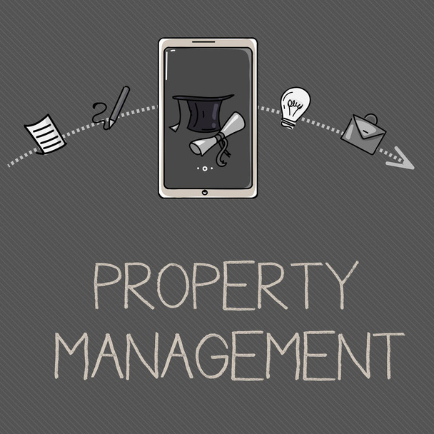 Conceptual hand writing showing Property Management. Business photo showcasing Overseeing of Real Estate Preserved value of Facility - Photo, Image
