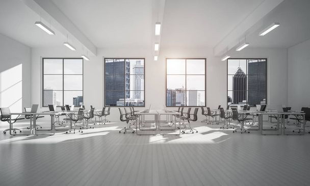 Modern empty elegant office with windows and workplaces. Mixed media - Photo, Image