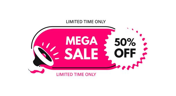 Mega sale. 50% off. Megaphone with bubble speech. Concept for promotion and advertising. Sticker for best stock sales. Vector illustration for design or print.  - Vetor, Imagem