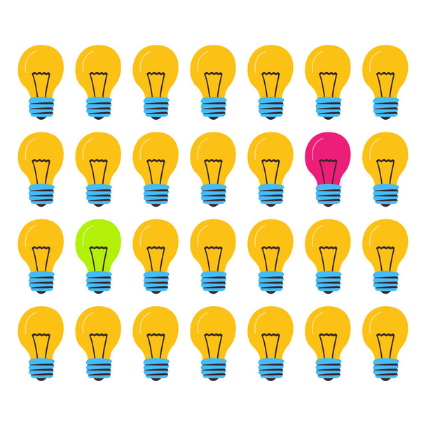 The lamp shines pink and one green. Many lamps of the same size. Cartoon vector. Concept of successful creative ideas. - Vektor, kép