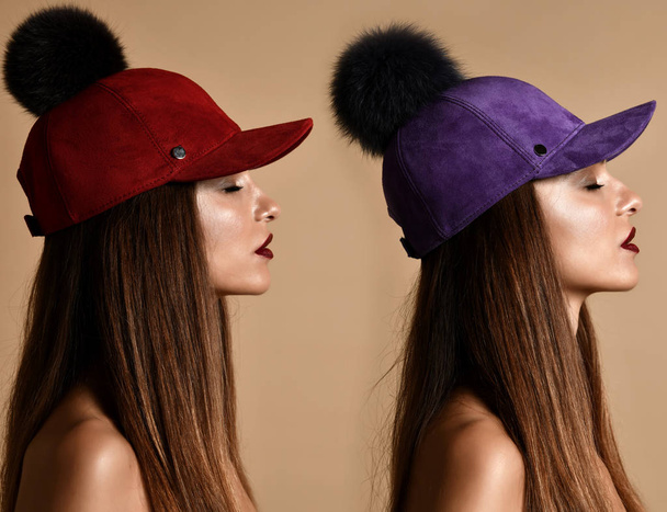 Woman in winter red and purple hat cap double composition with closed eyes - Foto, Imagen