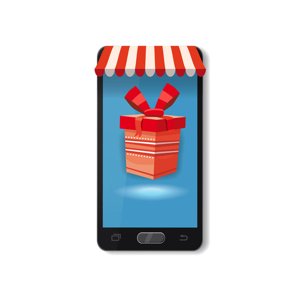 Mobile Online Store concept. Smartphone, Holiday red gift box. Vector illustration business design. Electronic online shop market. Digital marketing. Poster, baner, template - Vector, Image