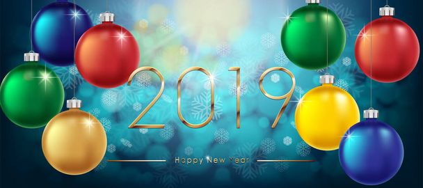 幸せな新しい年 2019年背景。新年のカラフルな冬バナー ゴールド テキストと光沢のあるボール。輝くキラキラ安物の宝石。ベクトル図 - ベクター画像