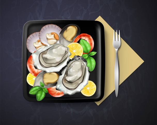 Vecteur de plat aux huîtres, moules et crevettes servi citron et basilic en assiette carrée noire avec fourchette, vue de dessus
 - Vecteur, image