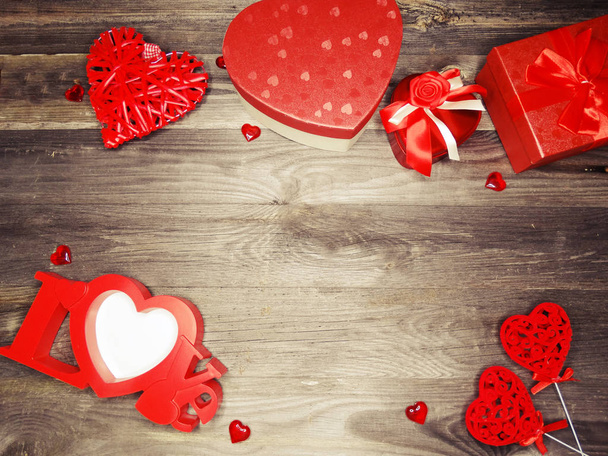 love valentine's day red heart gift copy space on wooden background - Фото, изображение